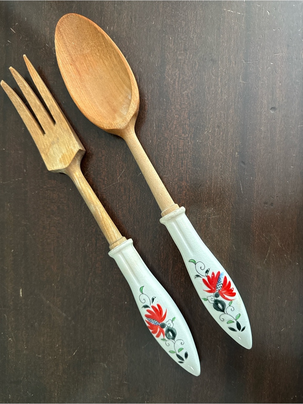 Vintage Hand Painted Ceramic & Wood Salad Serving Set Folk Art Floral Spoon Fork